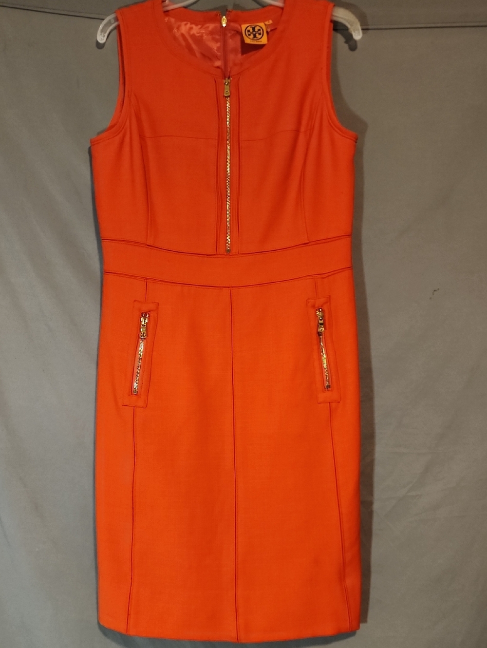 Tory Burch Orange Sleeveless Midi Sheath Dress With Gold Zippers